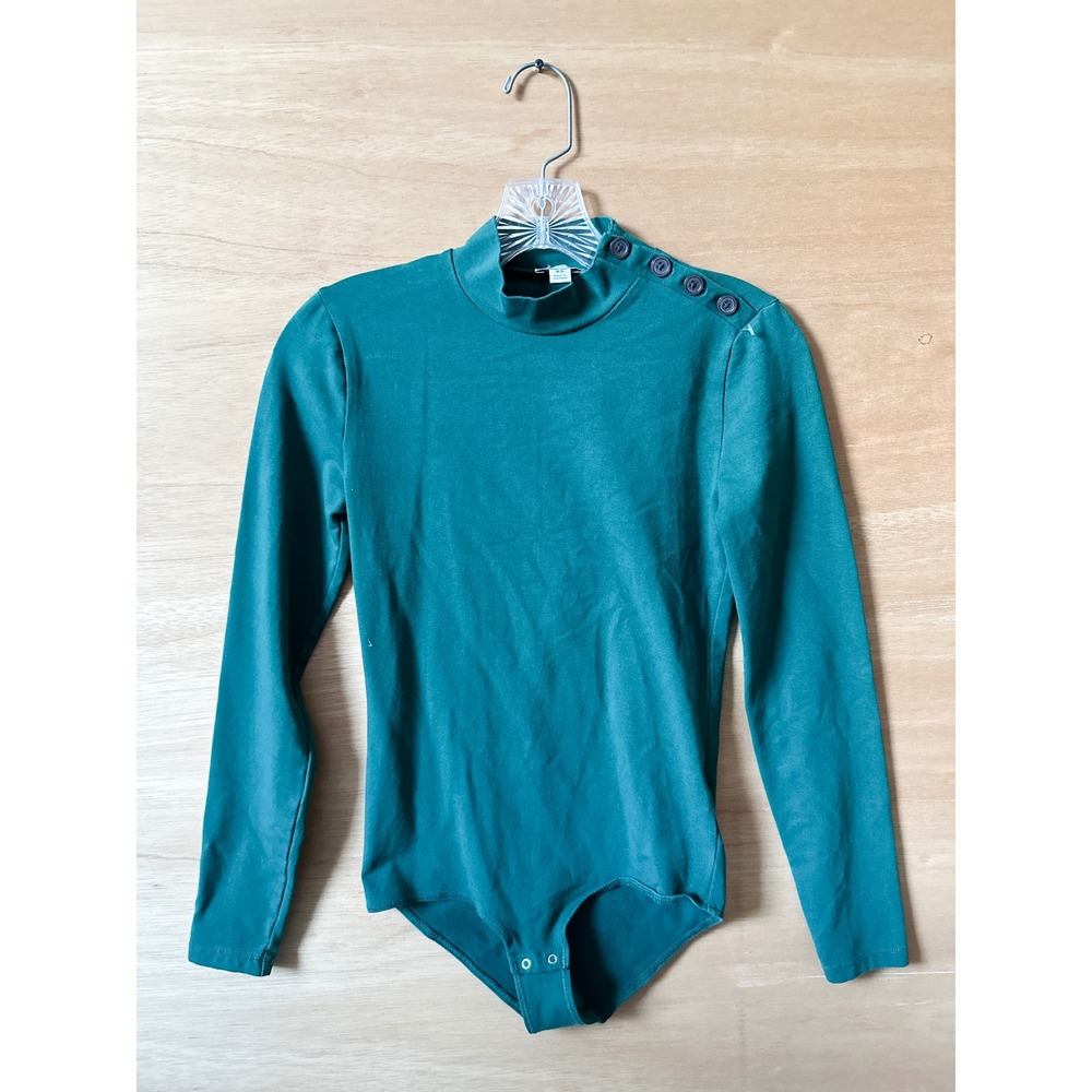 J. Crew Bodysuit Top Womens XS Teal Green Long Sleeve Mock Neck Button Shoulder